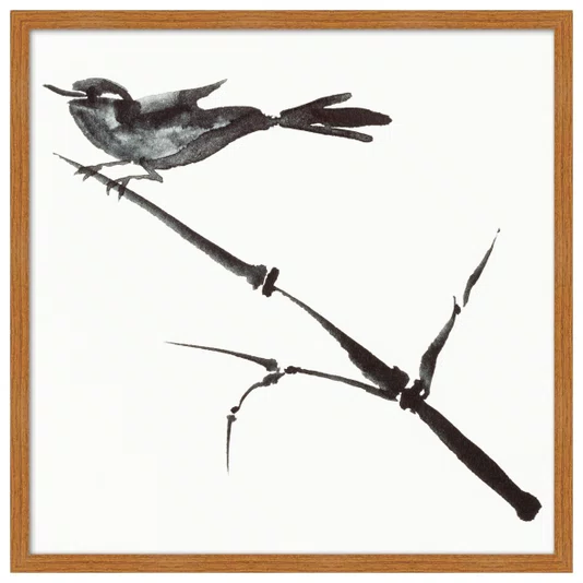 Quadro Decorativo Suzume Arte de Pardal Pousado em galho no Estilo Sumiê