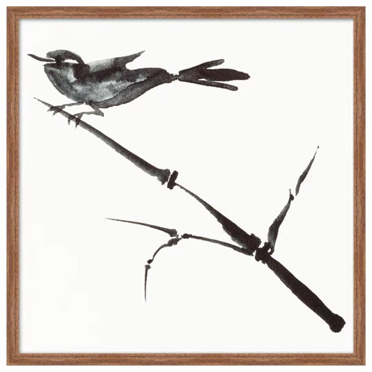 Quadro Decorativo Suzume Arte de Pardal Pousado em galho no Estilo Sumiê