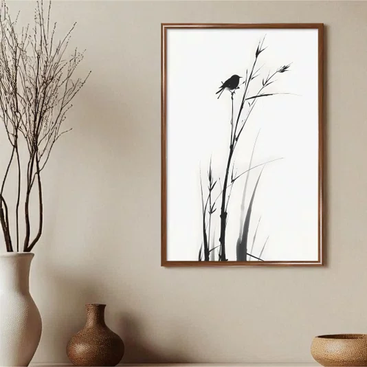 Quadro Decorativo Suzume Pintura de Pardal em Meio à Vegetação no Estilo Sumiê