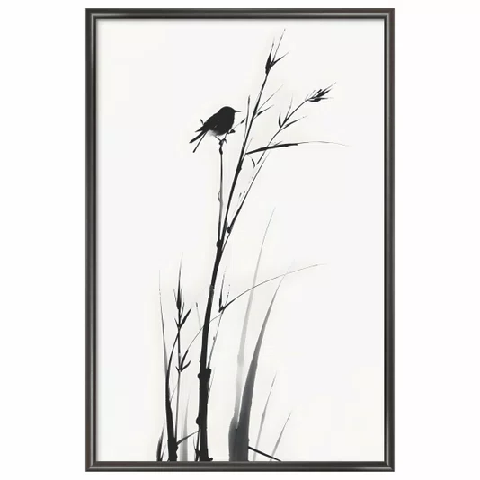 Quadro Decorativo Suzume Pintura de Pardal em Meio à Vegetação no Estilo Sumiê