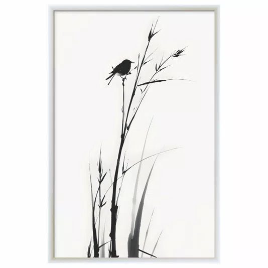 Quadro Decorativo Suzume Pintura de Pardal em Meio à Vegetação no Estilo Sumiê