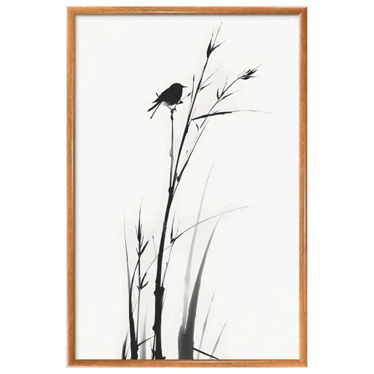 Quadro Decorativo Suzume Pintura de Pardal em Meio à Vegetação no Estilo Sumiê