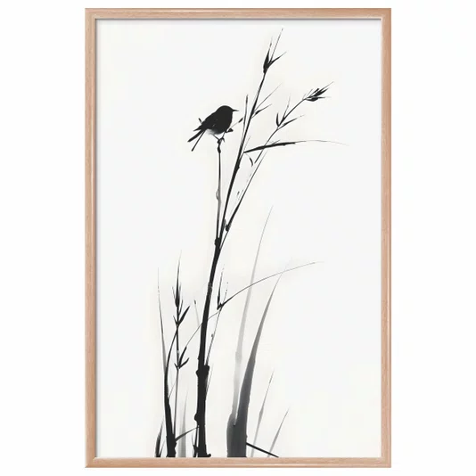 Quadro Decorativo Suzume Pintura de Pardal em Meio à Vegetação no Estilo Sumiê