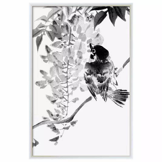 Quadro Decorativo Suzume Pintura de Pardal em Meio às Flores no Estilo Sumiê