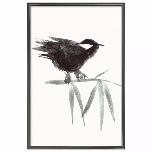 Quadro Decorativo Suzume Pintura de Pardal Pousado em galho no Estilo Sumiê