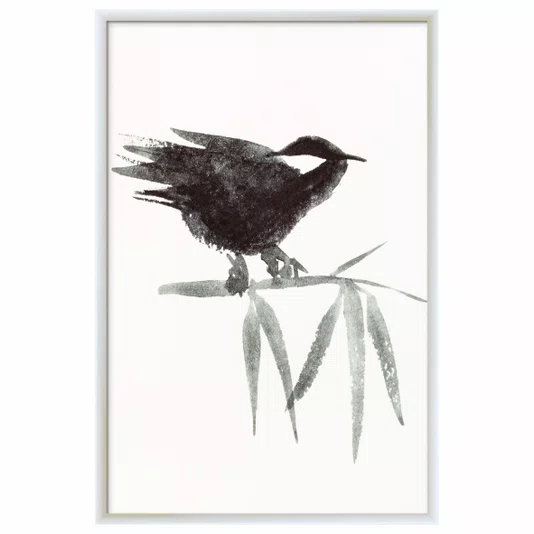 Quadro Decorativo Suzume Pintura de Pardal Pousado em galho no Estilo Sumiê