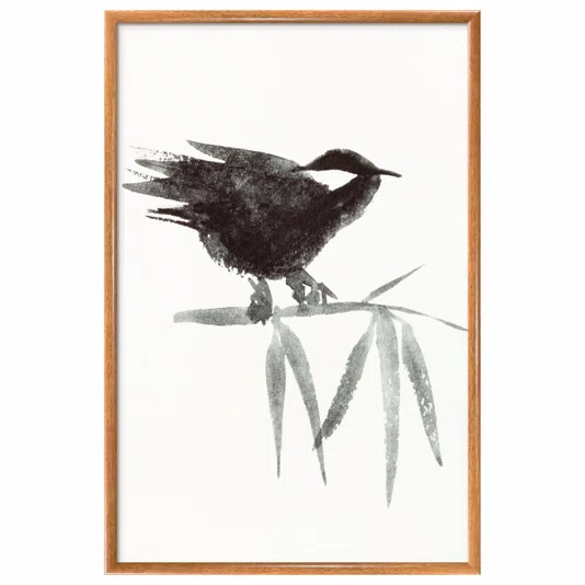 Quadro Decorativo Suzume Pintura de Pardal Pousado em galho no Estilo Sumiê
