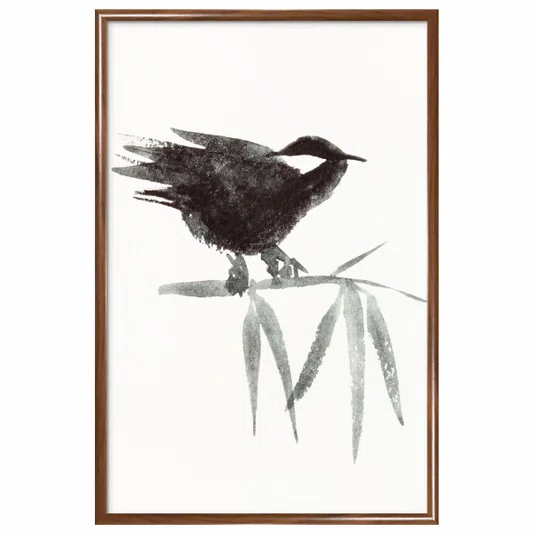 Quadro Decorativo Suzume Pintura de Pardal Pousado em galho no Estilo Sumiê