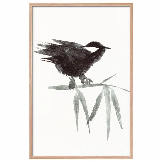 Quadro Decorativo Suzume Pintura de Pardal Pousado em galho no Estilo Sumiê
