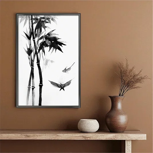 Quadro Decorativo Take Pintura de Bambu e Pássaros no Estilo Sumiê
