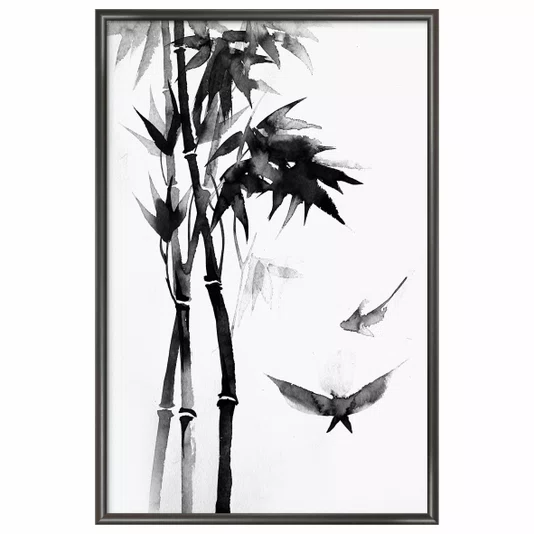 Quadro Decorativo Take Pintura de Bambu e Pássaros no Estilo Sumiê