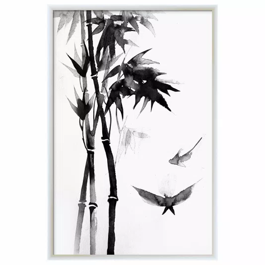 Quadro Decorativo Take Pintura de Bambu e Pássaros no Estilo Sumiê