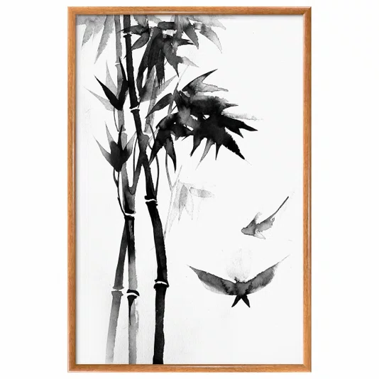 Quadro Decorativo Take Pintura de Bambu e Pássaros no Estilo Sumiê