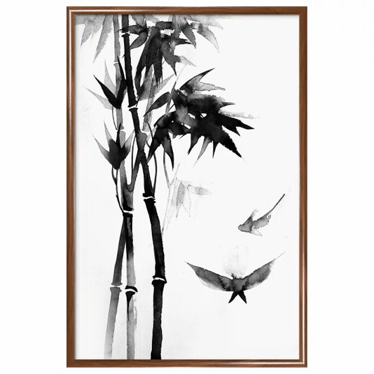 Quadro Decorativo Take Pintura de Bambu e Pássaros no Estilo Sumiê