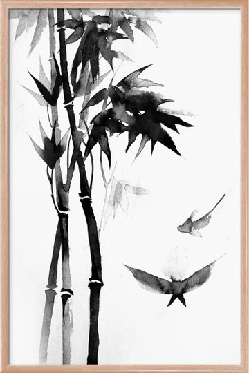 Quadro Decorativo Take Pintura de Bambu e Pássaros no Estilo Sumiê