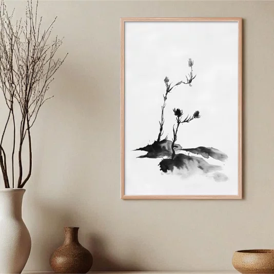 Quadro Decorativo Tsubomi Pintura de Botões de Flores no Estilo Sumiê