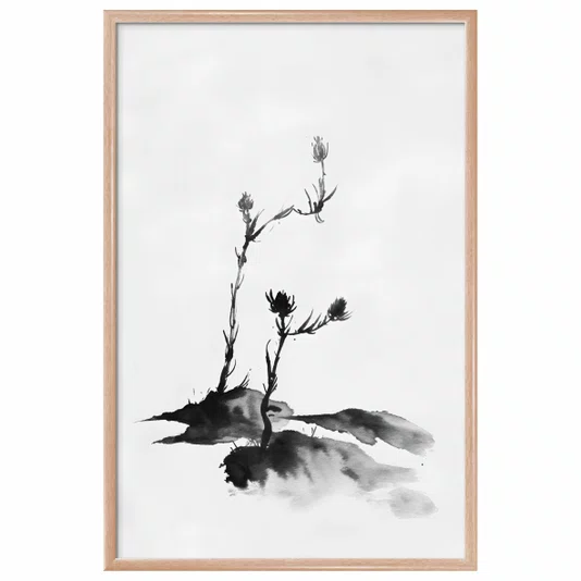 Quadro Decorativo Tsubomi Pintura de Botões de Flores no Estilo Sumiê