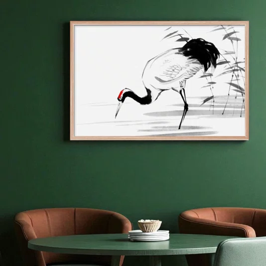 Quadro Decorativo Tsuru Pintura de Grou Japonês no Estilo Sumiê