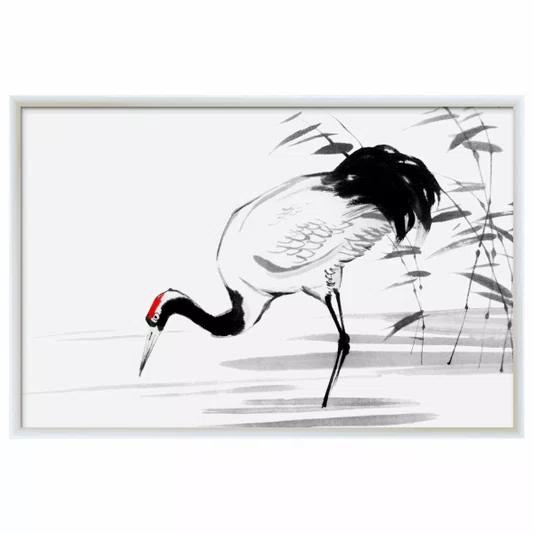 Quadro Decorativo Tsuru Pintura de Grou Japonês no Estilo Sumiê