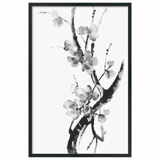 Quadro decorativo Ume Pintura de Amexeira no Estilo Sumiê