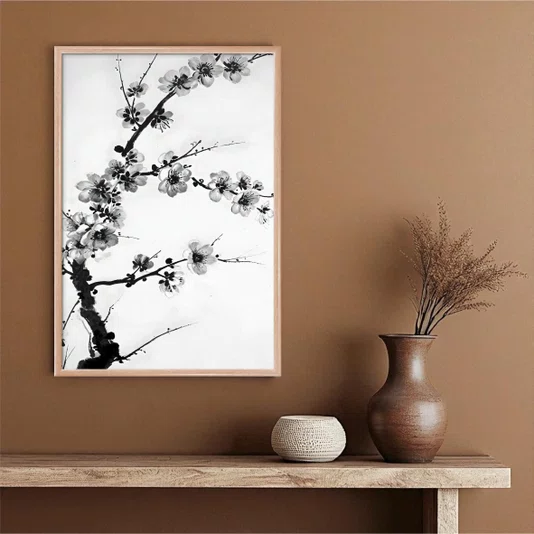 Quadro decorativo Ume Pintura de Galhos de Amexeira no Estilo Sumiê