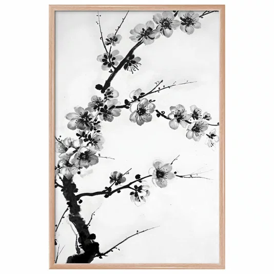 Quadro decorativo Ume Pintura de Galhos de Amexeira no Estilo Sumiê