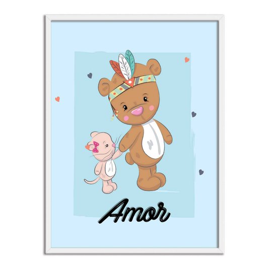 Quadro Decorativo Ursinho E Gatinho De Mãos Dadas Frase: "Amor"