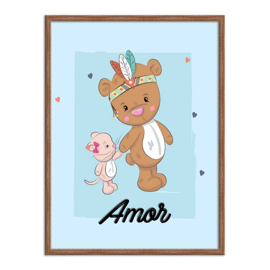 Quadro Decorativo Ursinho E Gatinho De Mãos Dadas Frase: "Amor"