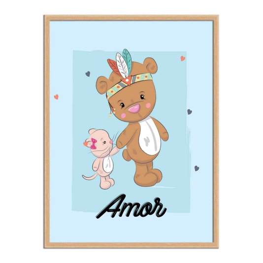 Quadro Decorativo Ursinho E Gatinho De Mãos Dadas Frase: "Amor"