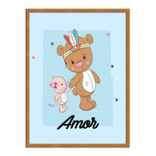Quadro Decorativo Ursinho E Gatinho De Mãos Dadas Frase: "Amor"