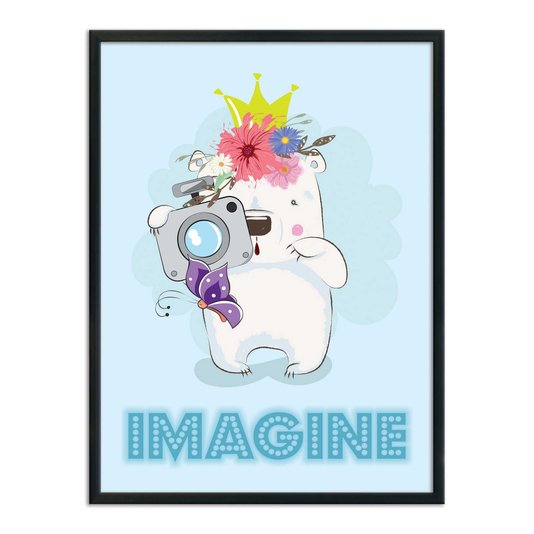 Quadro Decorativo Urso Polar Com Maquina Fotografica Frase: "Imagine"