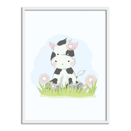 Quadro Decorativo Vaquinha Fofa Sentada Nas Flores