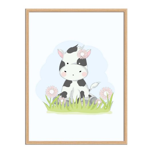 Quadro Decorativo Vaquinha Fofa Sentada Nas Flores