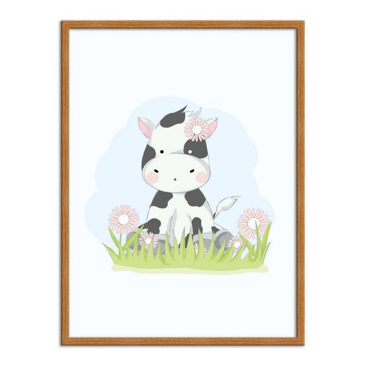 Quadro Decorativo Vaquinha Fofa Sentada Nas Flores