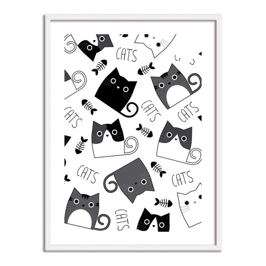 Quadro Decorativo Vários Gatinhos Em Preto e Branco Frase: "Cats"