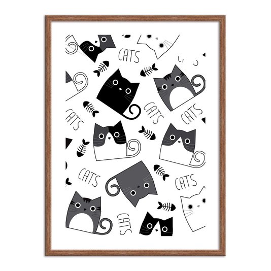 Quadro Decorativo Vários Gatinhos Em Preto e Branco Frase: "Cats"