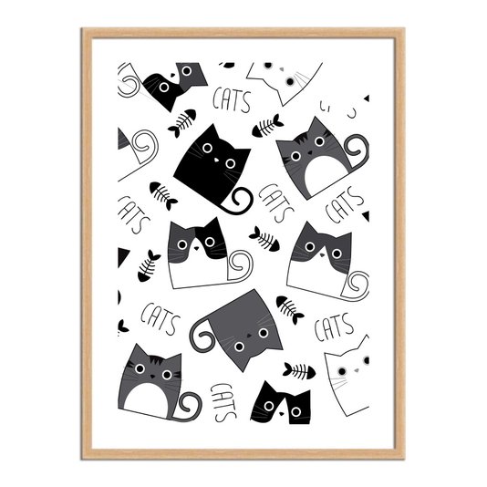 Quadro Decorativo Vários Gatinhos Em Preto e Branco Frase: "Cats"