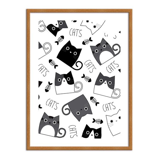 Quadro Decorativo Vários Gatinhos Em Preto e Branco Frase: "Cats"