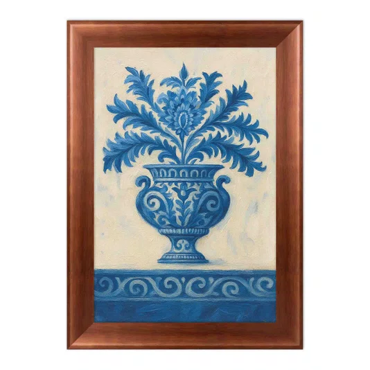 Quadro Decorativo Vaso Ornamental em Azul e Branco: Estampa de Acanto e Arabescos Estilo Delft ou Chinesaria