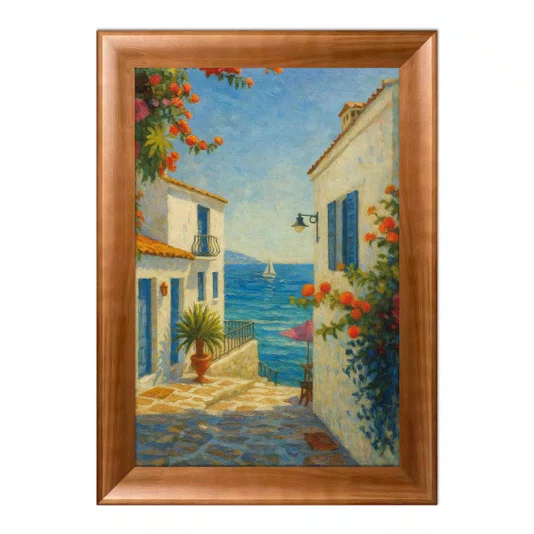 Quadro Decorativo Viela Grega ao Mar Azul: Buganvílias e Sol Mediterrâneo