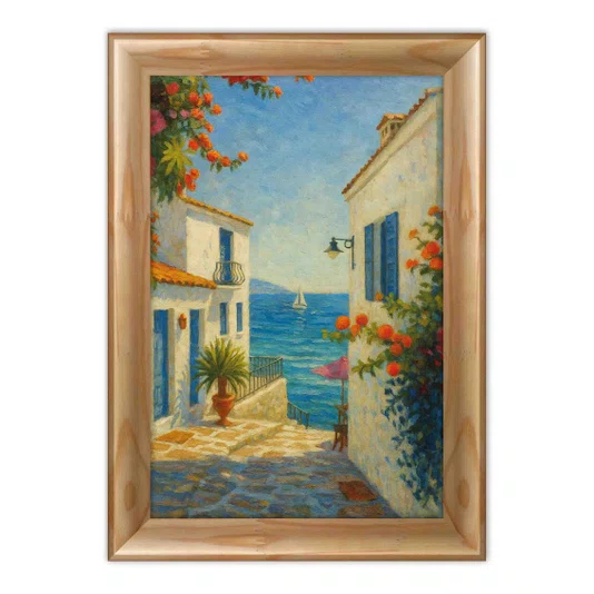 Quadro Decorativo Viela Grega ao Mar Azul: Buganvílias e Sol Mediterrâneo