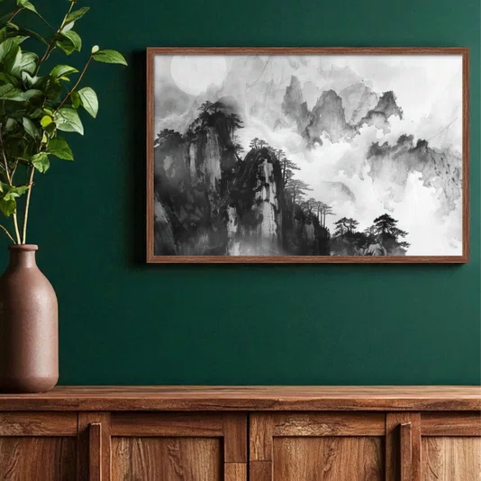 Quadro Decorativo Yama Pintura de Montanha no Estilo Sumiê