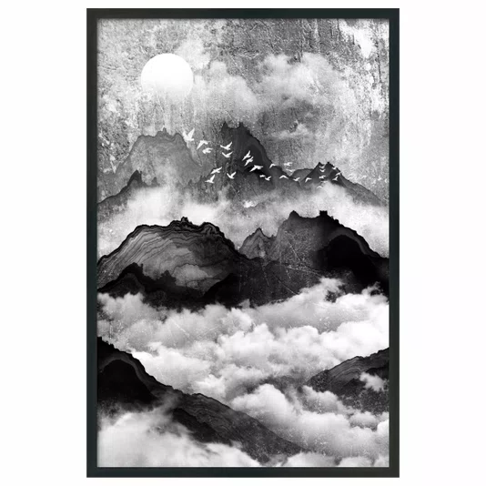Quadro Decorativo Yama Tori Pintura de Montanhas e Pássaros no Estilo Sumiê