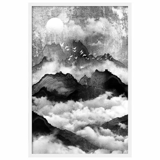 Quadro Decorativo Yama Tori Pintura de Montanhas e Pássaros no Estilo Sumiê