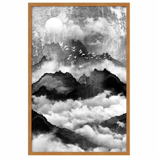 Quadro Decorativo Yama Tori Pintura de Montanhas e Pássaros no Estilo Sumiê