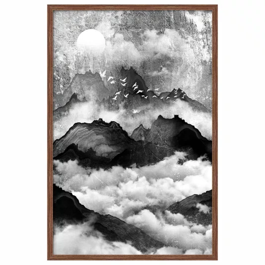 Quadro Decorativo Yama Tori Pintura de Montanhas e Pássaros no Estilo Sumiê