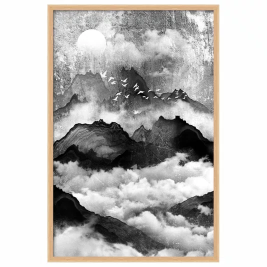 Quadro Decorativo Yama Tori Pintura de Montanhas e Pássaros no Estilo Sumiê