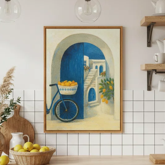 Quadro Em Tela Canvas Portal Azul: Bicicleta com Limões em Contraste com a Escadaria Branca