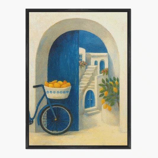 Quadro Em Tela Canvas Portal Azul: Bicicleta com Limões em Contraste com a Escadaria Branca