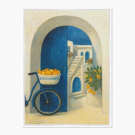 Quadro Em Tela Canvas Portal Azul: Bicicleta com Limões em Contraste com a Escadaria Branca